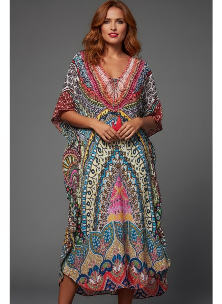 Vibrant Mandala Print Kaftan Dress | V-Neck Tassel Tie Midi Caftan