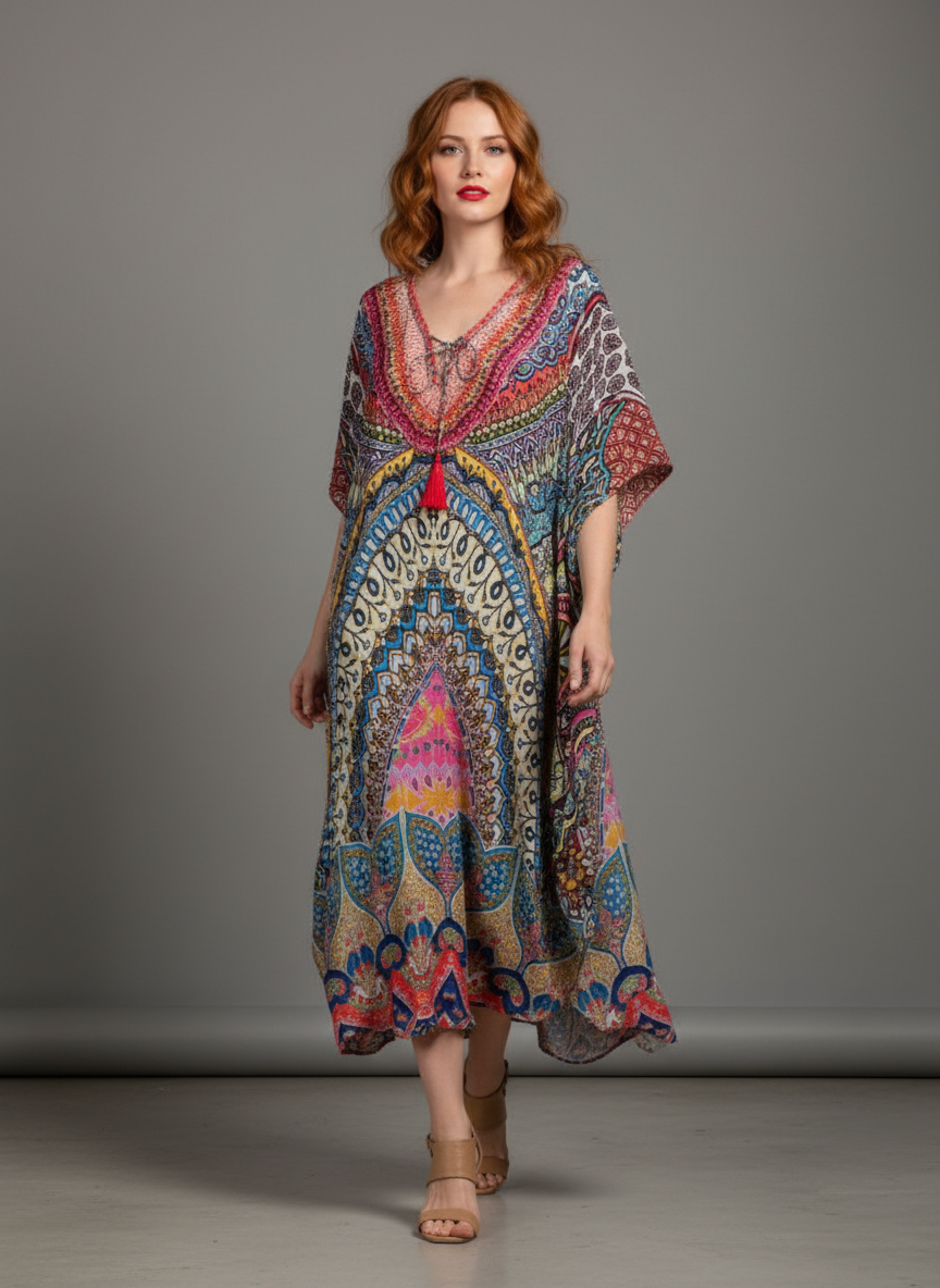 Vibrant Mandala Print Kaftan Dress | V-Neck Tassel Tie Midi Caftan