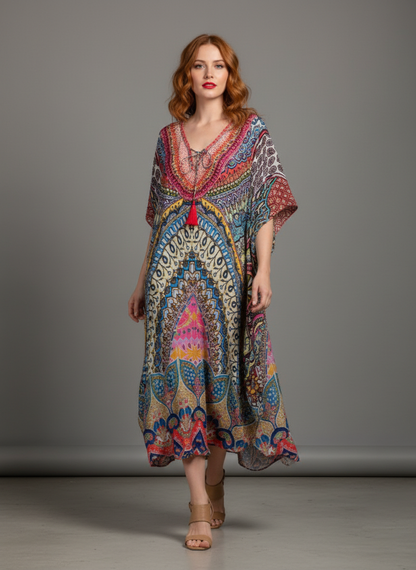 Vibrant Mandala Print Kaftan Dress | V-Neck Tassel Tie Midi Caftan