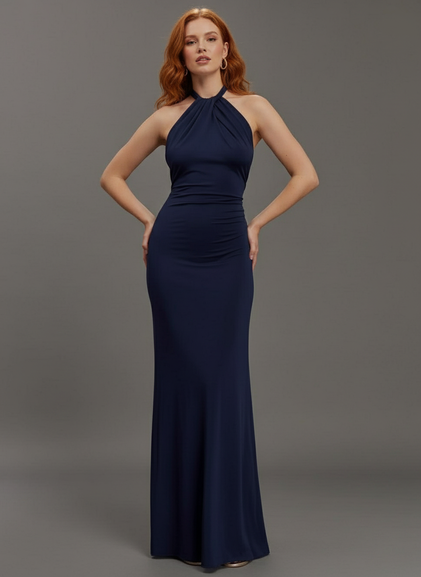 Slinky Halter Maxi Dress Lagoon - Bodycon, Ruched Front & Back, Guest-Ready Christmas dress