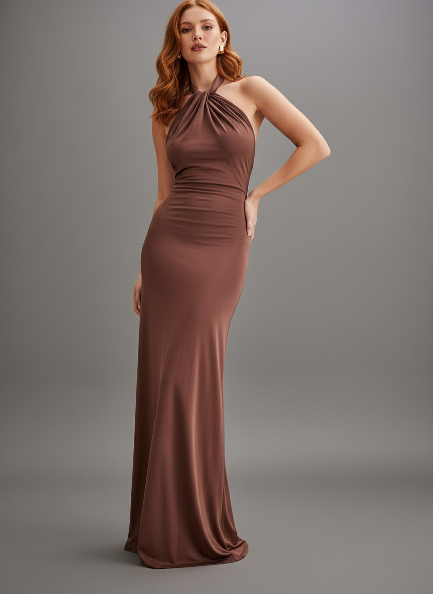 Slinky Halter Maxi Dress Lagoon - Bodycon, Ruched Front & Back, Guest-Ready Christmas dress