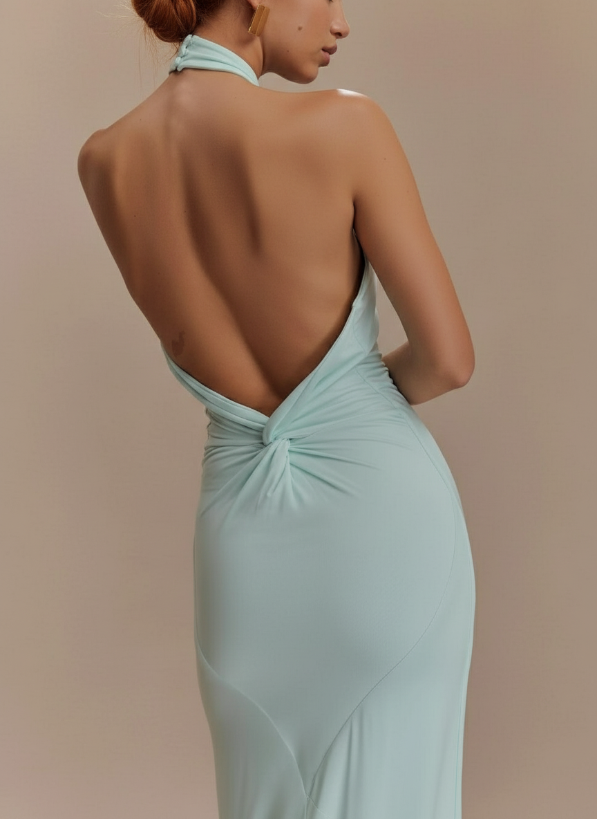Slinky Halter Maxi Dress Lagoon - Bodycon, Ruched Front & Back, Guest-Ready Christmas dress
