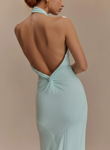 Slinky Halter Maxi Dress Lagoon - Bodycon, Ruched Front & Back, Guest-Ready Christmas dress