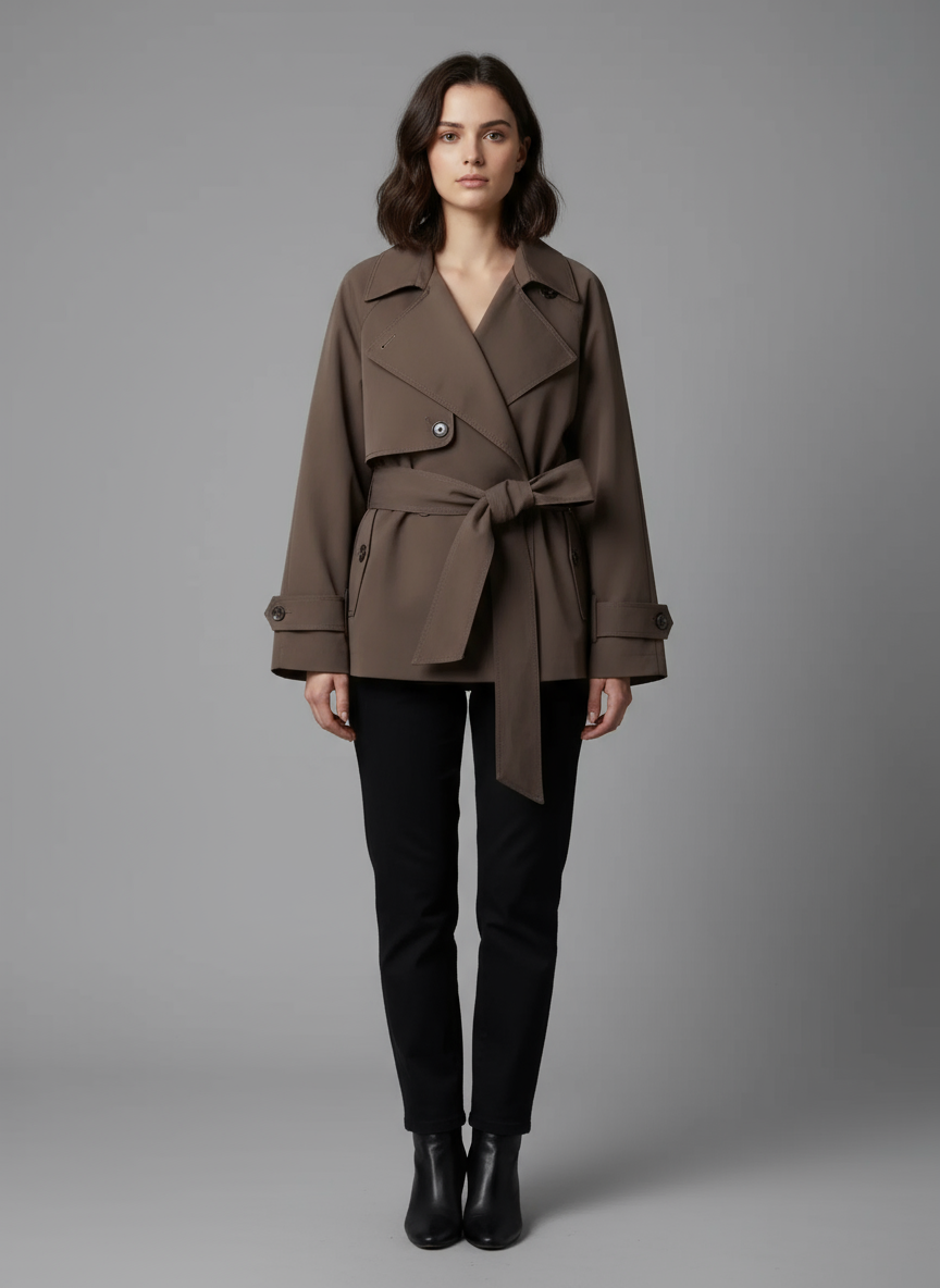 Cropped Trench Coat with Belt | Double-Breasted Short Trench Jacket