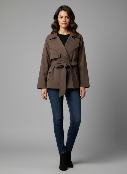 Cropped Trench Coat with Belt | Double-Breasted Short Trench Jacket