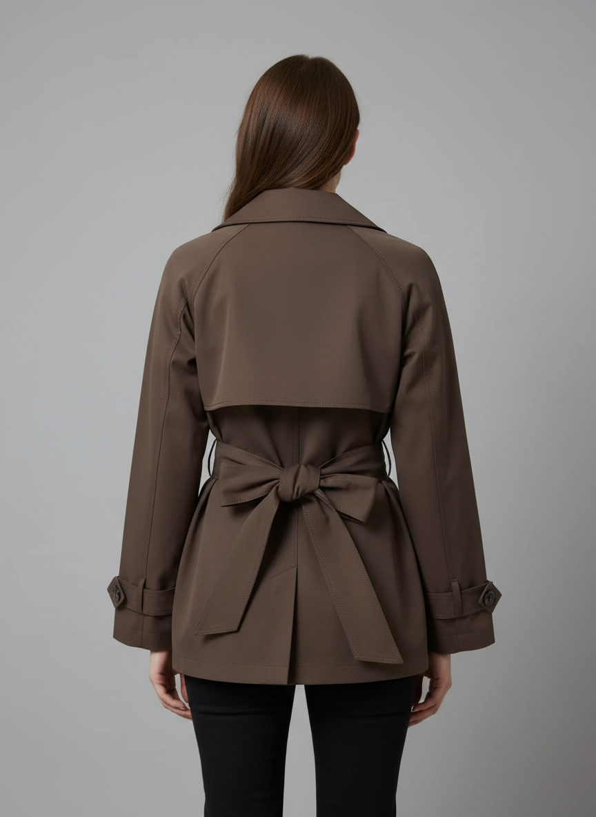 Cropped Trench Coat with Belt | Double-Breasted Short Trench Jacket