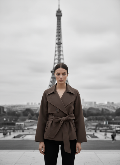 Cropped Trench Coat with Belt | Double-Breasted Short Trench Jacket