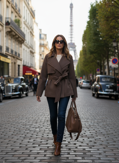 Cropped Trench Coat with Belt | Double-Breasted Short Trench Jacket