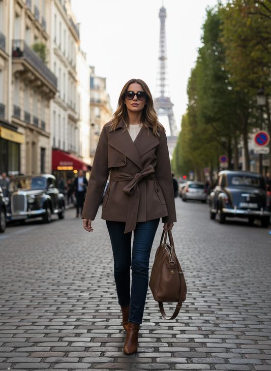 Cropped Trench Coat with Belt | Double-Breasted Short Trench Jacket