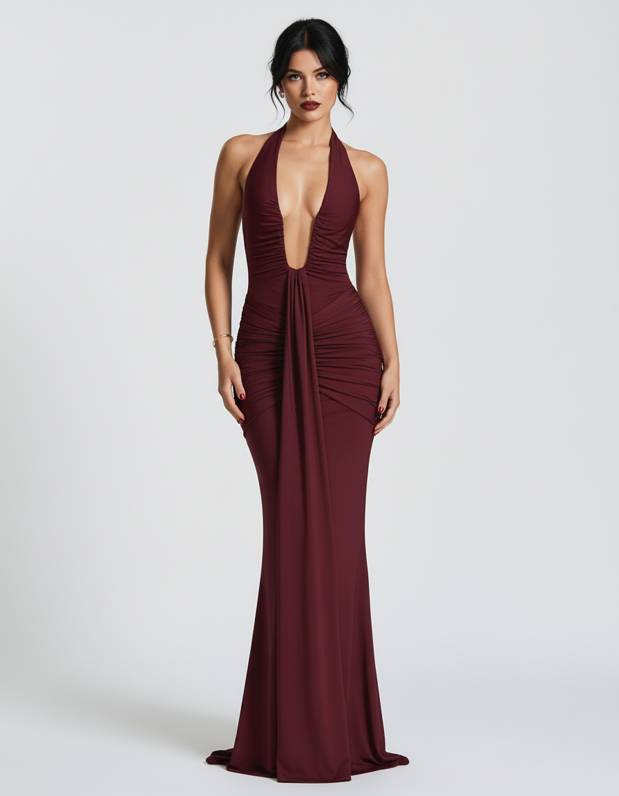 Ruched Halter Maxi Dress Deep Plunge Tie Back Holiday Party NYE Formal Evening Gown Women