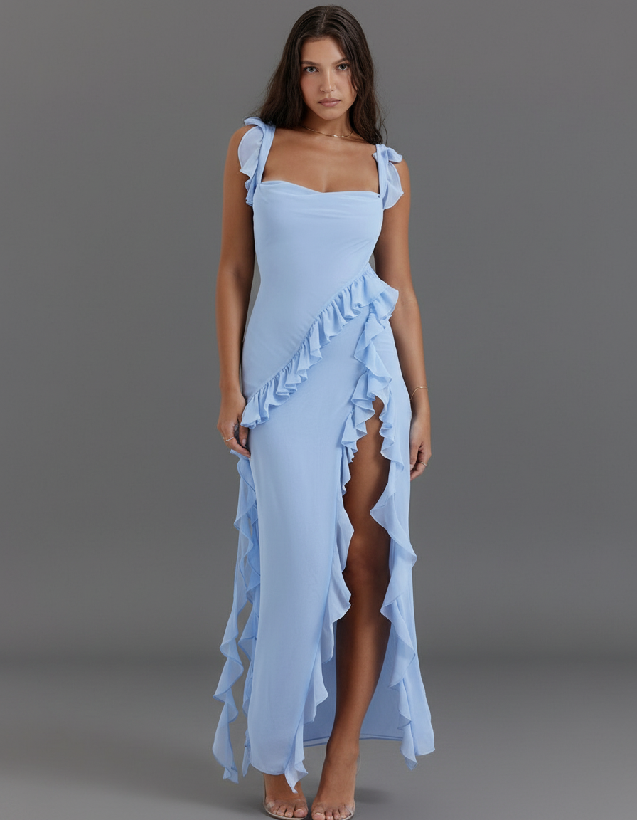 Chain Cutout Deep V Maxi Dress Backless Tie Detail Holiday Party NYE Formal Evening Gown Women