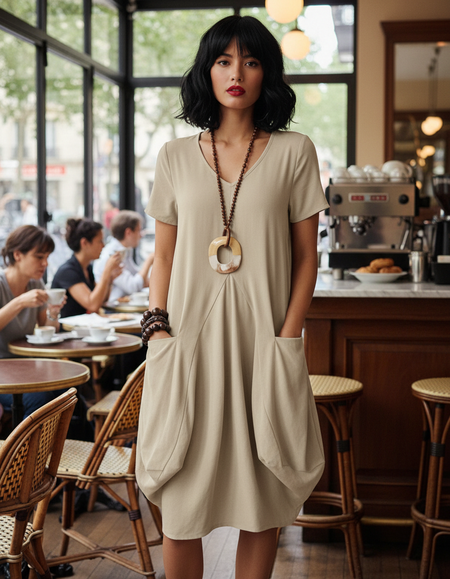 Comfy loose t-shirt dress with pockets, short sleeves,