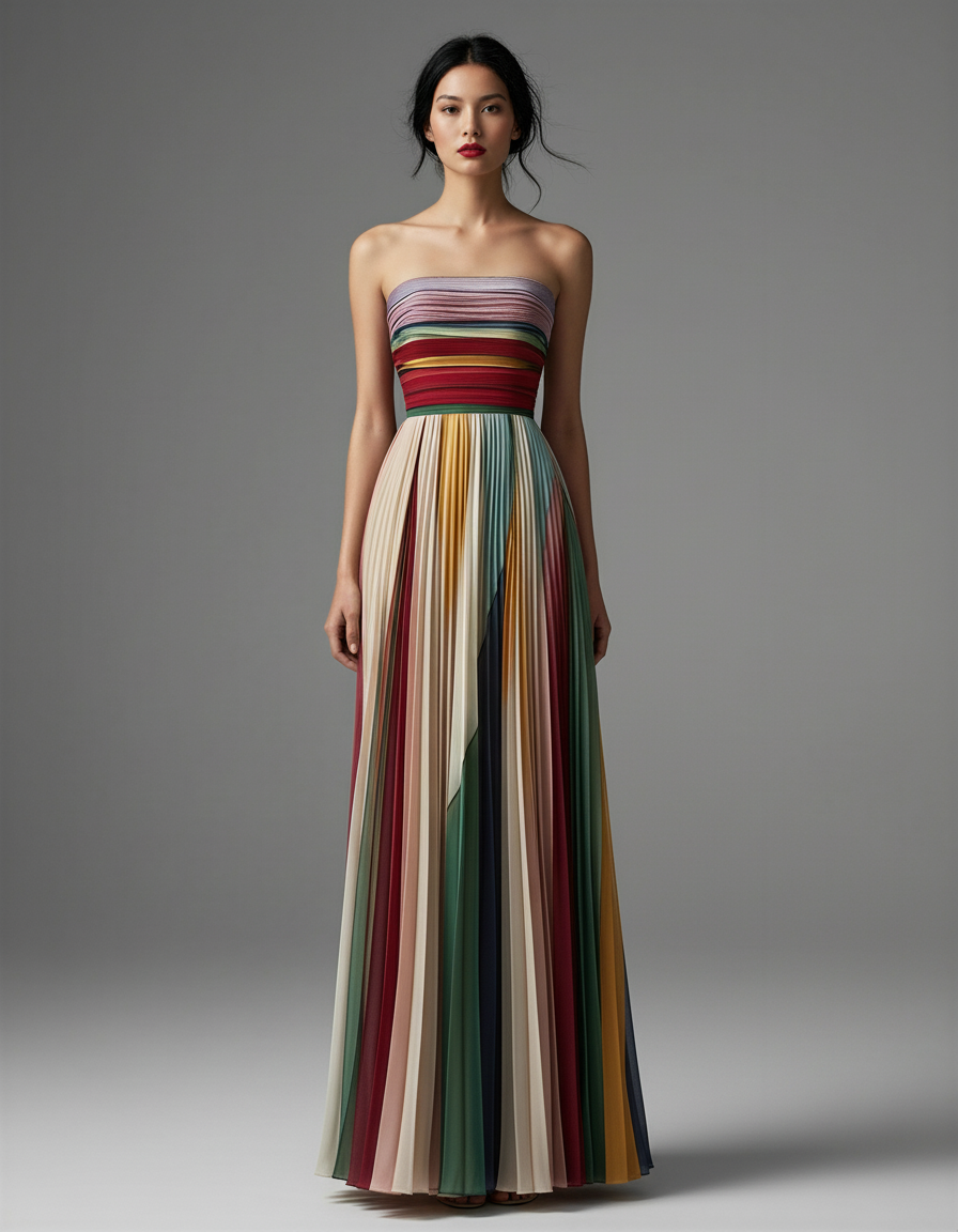 Boho Maxi Dress Colorful Pleated Strapless Formal Gown – Rainbow Summer Wedding Guest Flowy Evening Dress