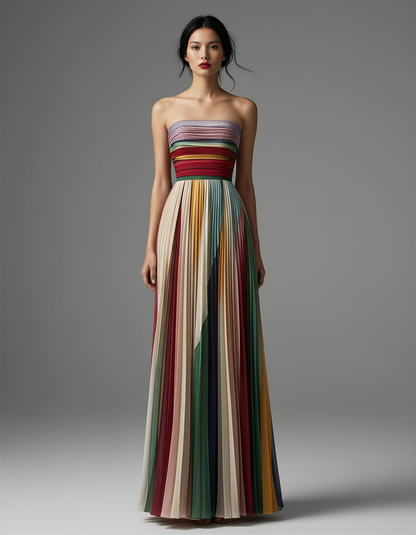 Boho Maxi Dress Colorful Pleated Strapless Formal Gown – Rainbow Summer Wedding Guest Flowy Evening Dress