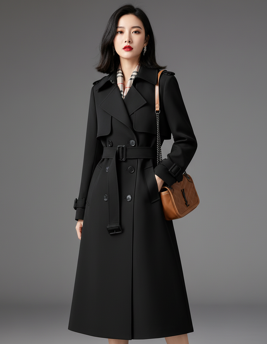Women’s Classic Belted Trench Coat – Long Double Breasted Water Resistant Stylish Winter Coat