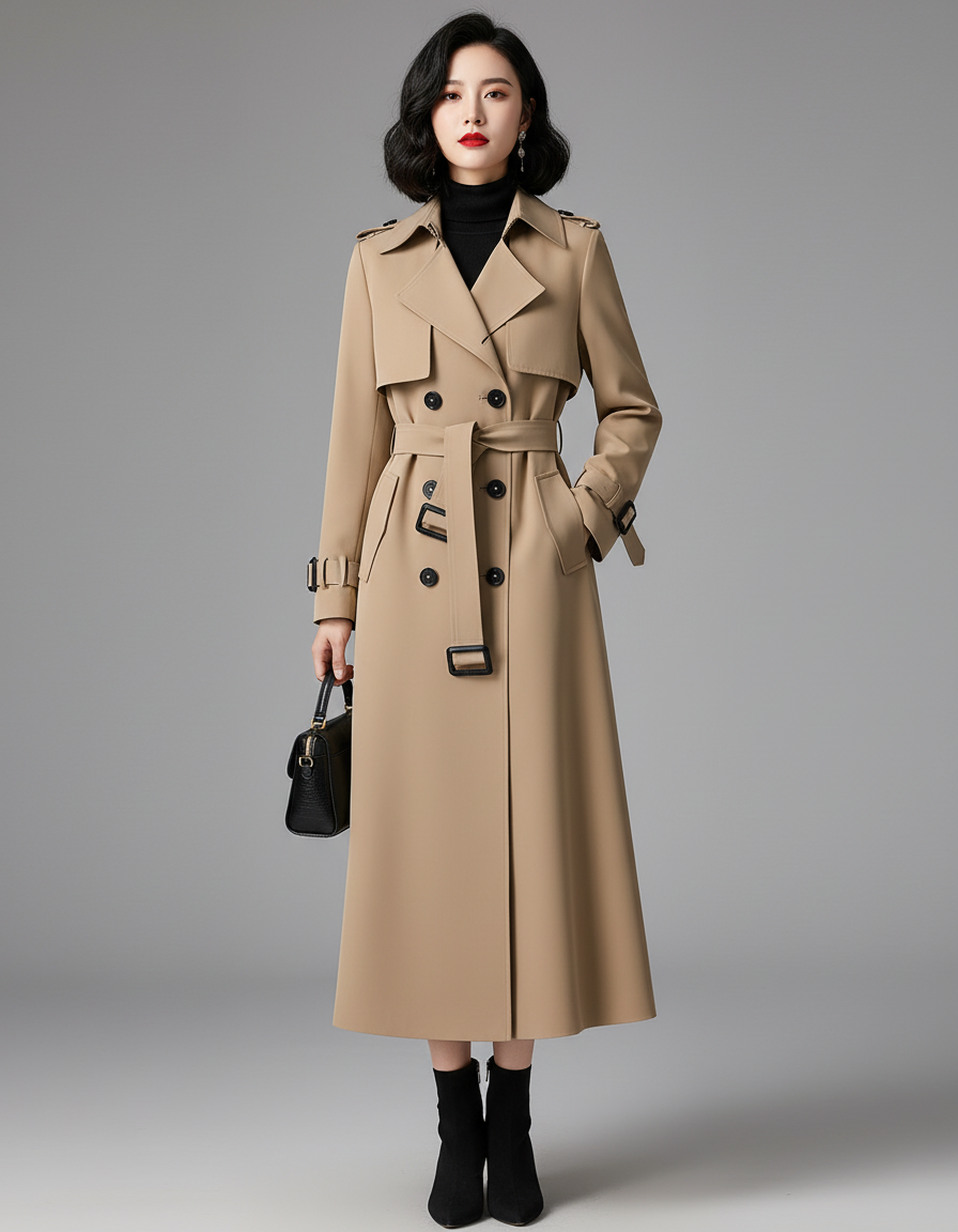 Women’s Classic Belted Trench Coat – Long Double Breasted Water Resistant Stylish Winter Coat