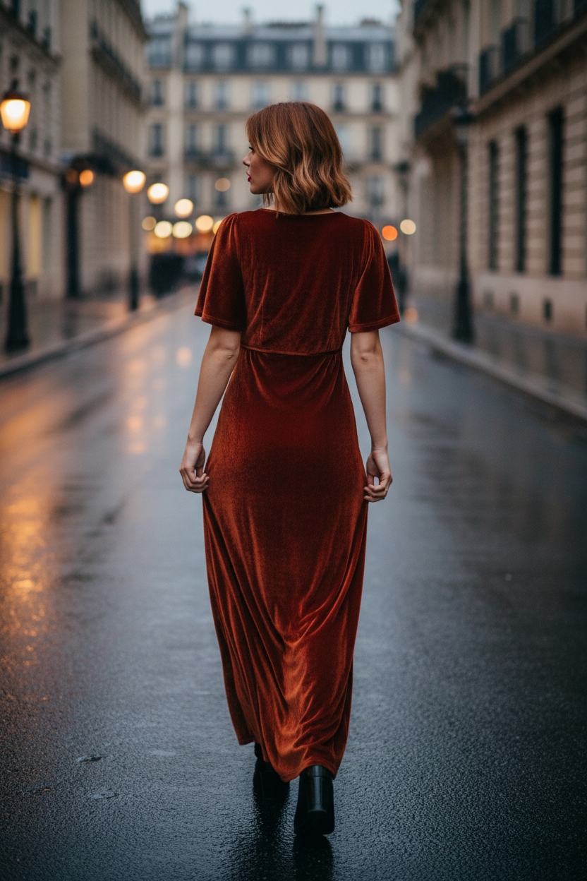 Rust Velvet Wrap Maxi Dress – Long Bell Sleeve True Wrap Gown with Tulip Hem | Zalvare