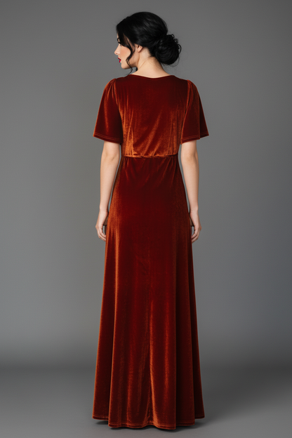 Rust Velvet Wrap Maxi Dress – Long Bell Sleeve True Wrap Gown with Tulip Hem | Zalvare
