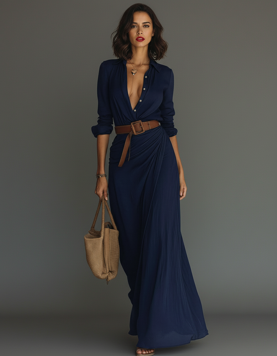 Long Sleeve Draped Shirt Dress | V-Neck Button Down Maxi