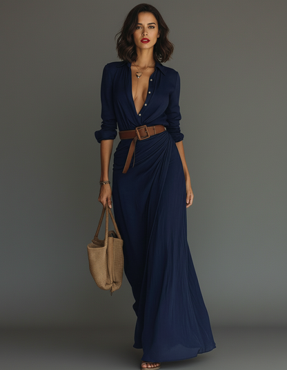 Long Sleeve Draped Shirt Dress | V-Neck Button Down Maxi