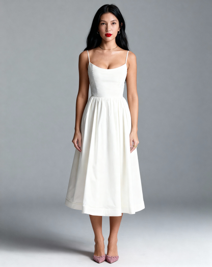 The Elena Midi Dress Dress with Square Neckline | Fit & Flare Sum Dress with Pockets |