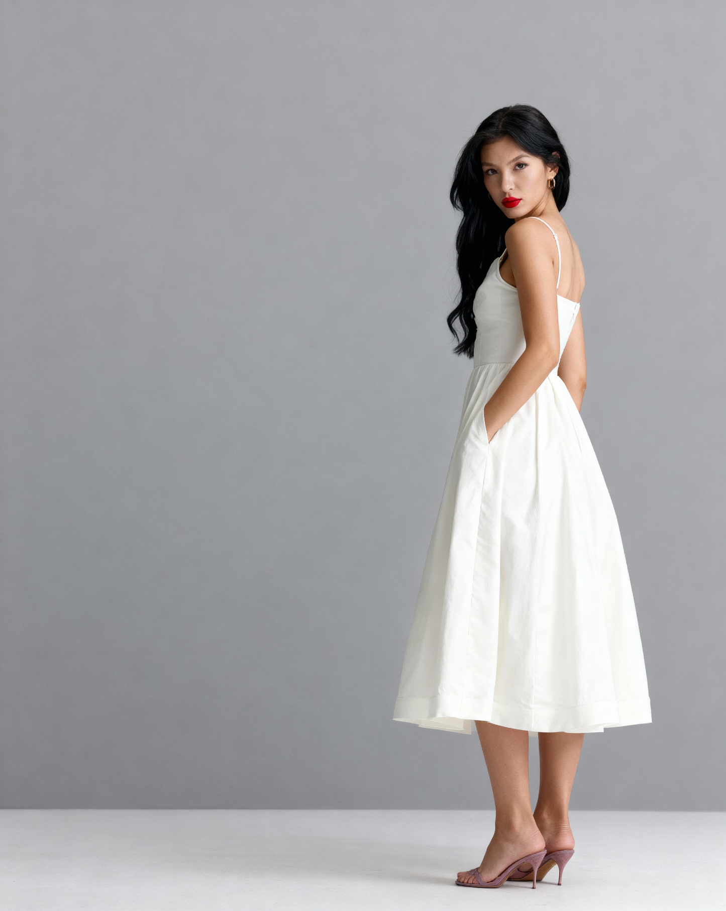 The Elena Midi Dress Dress with Square Neckline | Fit & Flare Sum Dress with Pockets |