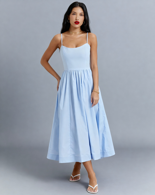 The Elena Midi Dress Dress with Square Neckline | Fit & Flare Sum Dress with Pockets |