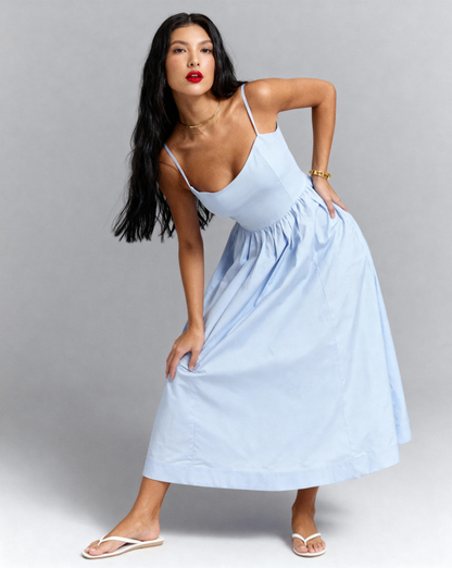 The Elena Midi Dress Dress with Square Neckline | Fit & Flare Sum Dress with Pockets |