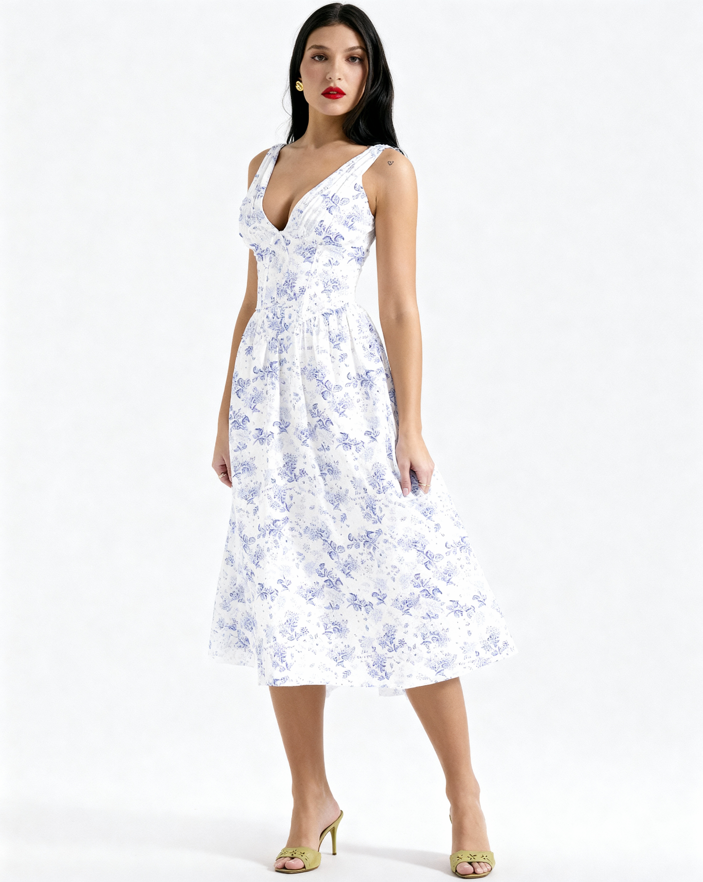 The Juliette Ruched V-Neck Corset Midi Dress | Sleeveless Cotton Poplin A-Line Gown