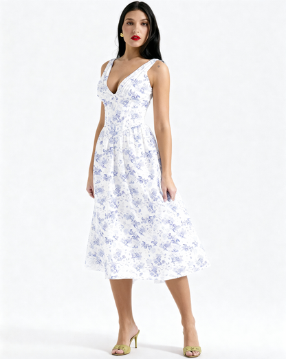 The Juliette Ruched V-Neck Corset Midi Dress | Sleeveless Cotton Poplin A-Line Gown