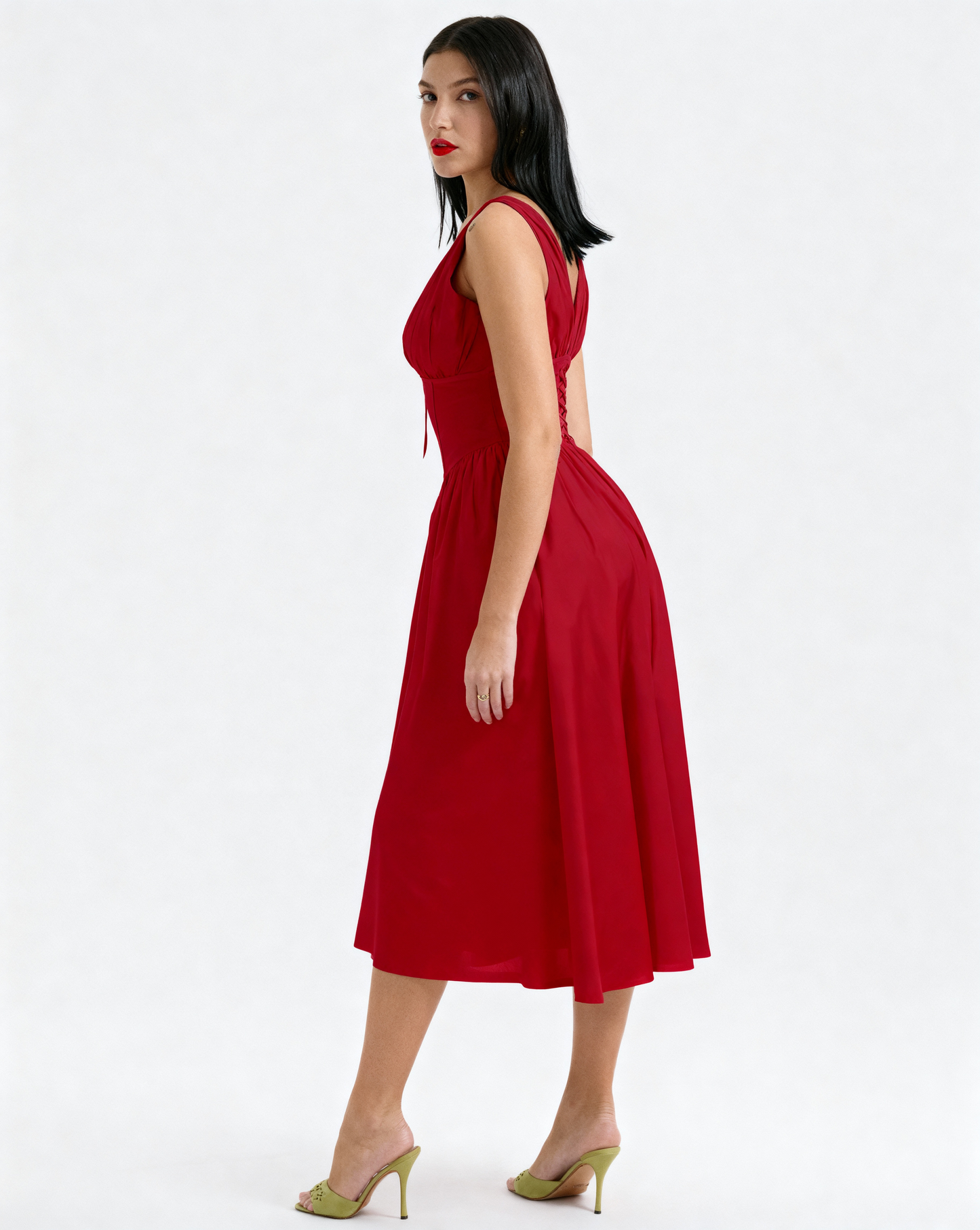 The Juliette Ruched V-Neck Corset Midi Dress | Sleeveless Cotton Poplin A-Line Gown