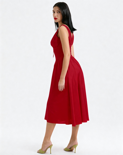 The Juliette Ruched V-Neck Corset Midi Dress | Sleeveless Cotton Poplin A-Line Gown