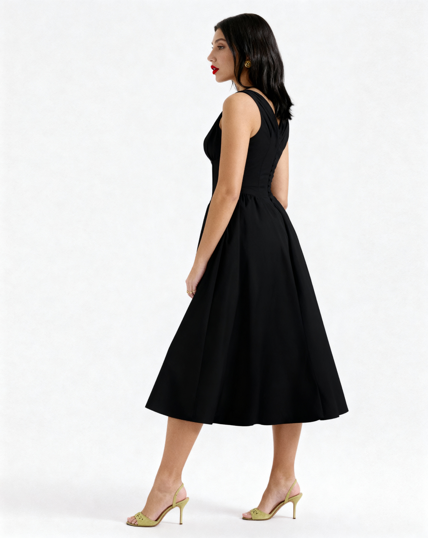 The Juliette Ruched V-Neck Corset Midi Dress | Sleeveless Cotton Poplin A-Line Gown