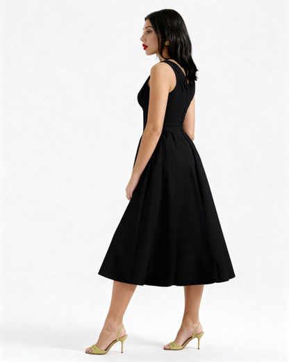 The Juliette Ruched V-Neck Corset Midi Dress | Sleeveless Cotton Poplin A-Line Gown