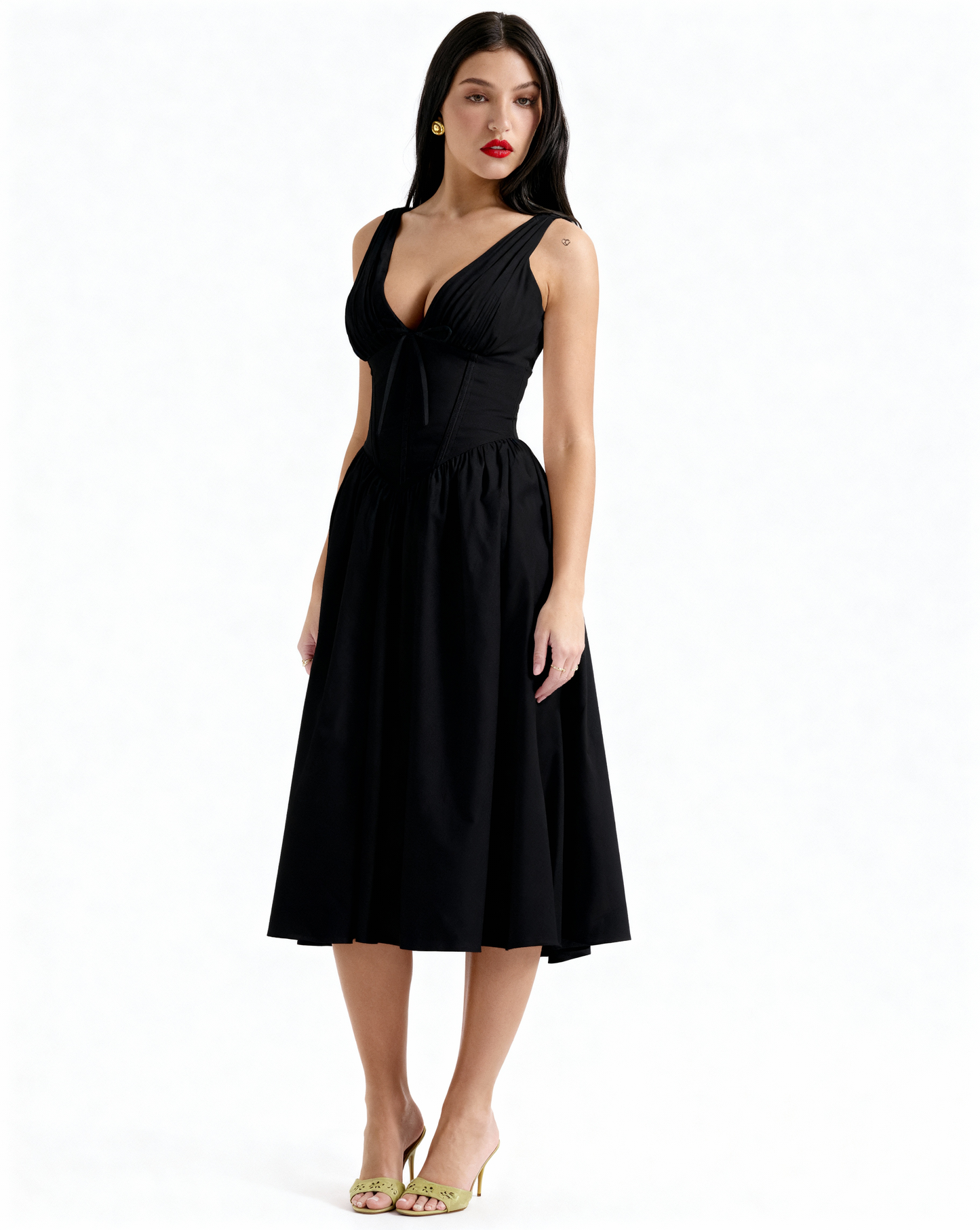 The Juliette Ruched V-Neck Corset Midi Dress | Sleeveless Cotton Poplin A-Line Gown