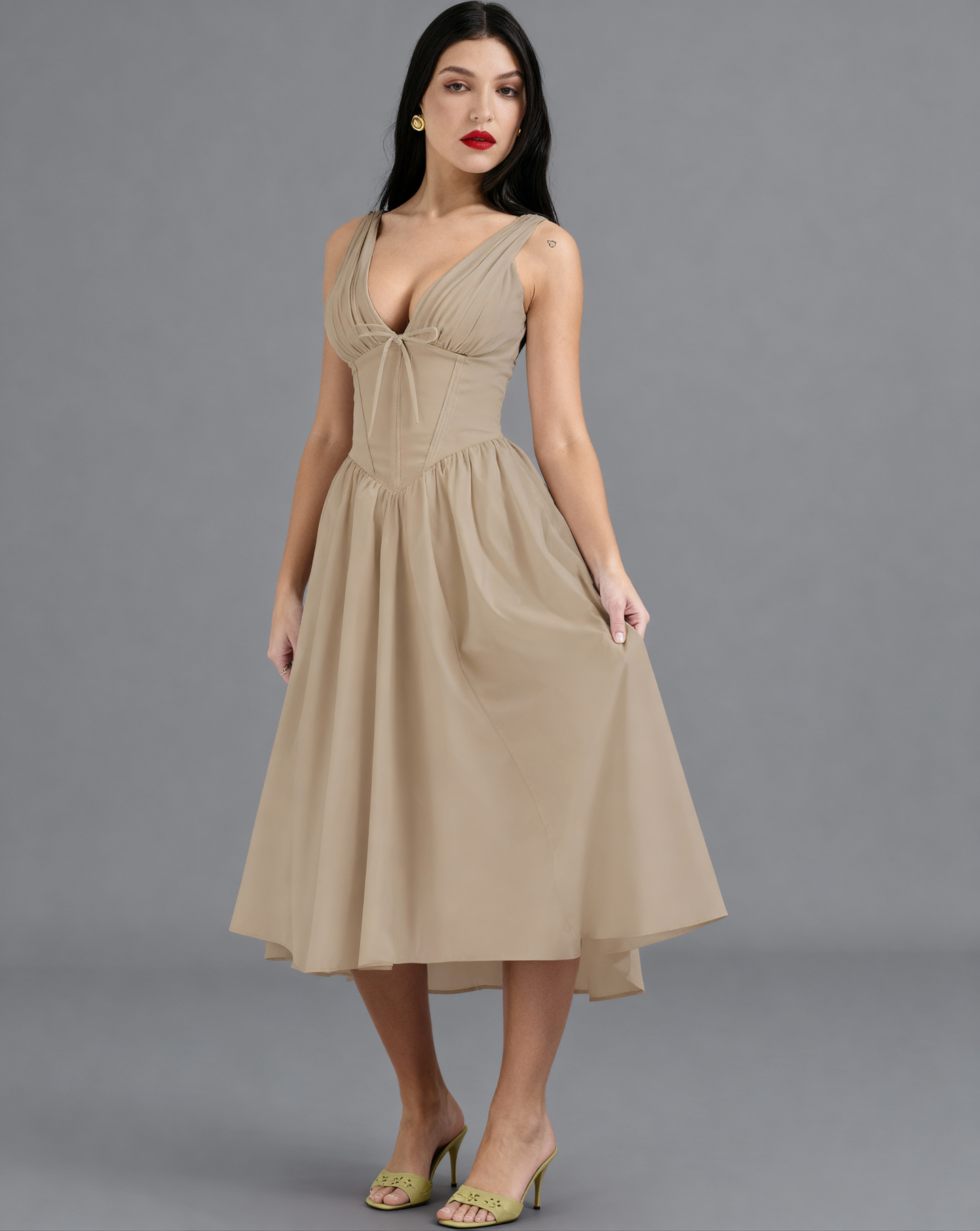 The Juliette Ruched V-Neck Corset Midi Dress | Sleeveless Cotton Poplin A-Line Gown