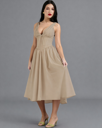 The Juliette Ruched V-Neck Corset Midi Dress | Sleeveless Cotton Poplin A-Line Gown