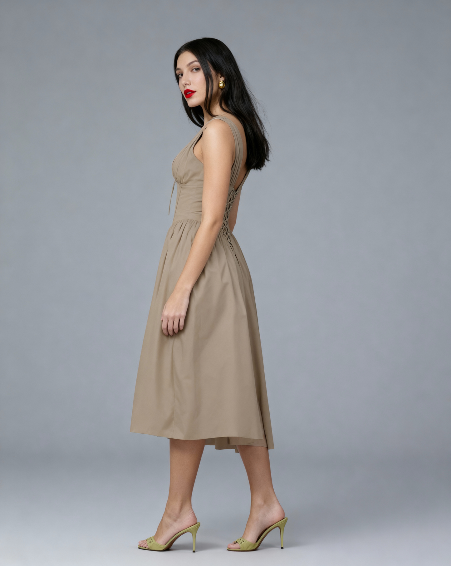 The Juliette Ruched V-Neck Corset Midi Dress | Sleeveless Cotton Poplin A-Line Gown