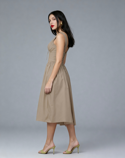 The Juliette Ruched V-Neck Corset Midi Dress | Sleeveless Cotton Poplin A-Line Gown