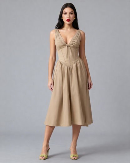 The Juliette Ruched V-Neck Corset Midi Dress | Sleeveless Cotton Poplin A-Line Gown