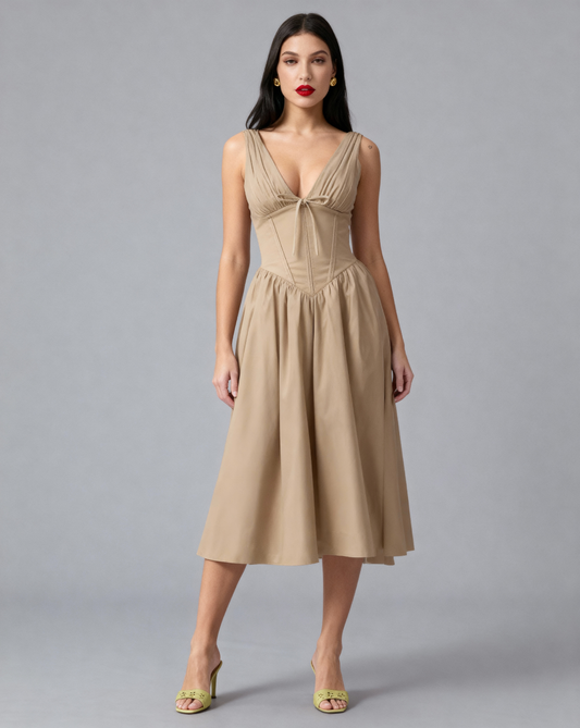 The Juliette Ruched V-Neck Corset Midi Dress | Sleeveless Cotton Poplin A-Line Gown