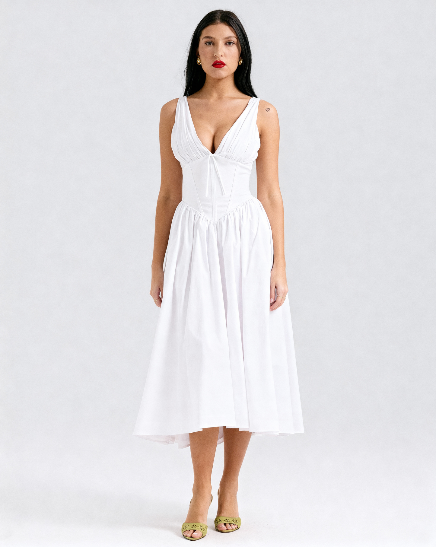 The Juliette Ruched V-Neck Corset Midi Dress | Sleeveless Cotton Poplin A-Line Gown