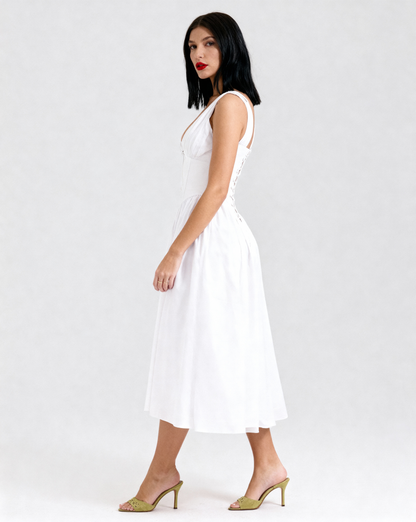The Juliette Ruched V-Neck Corset Midi Dress | Sleeveless Cotton Poplin A-Line Gown