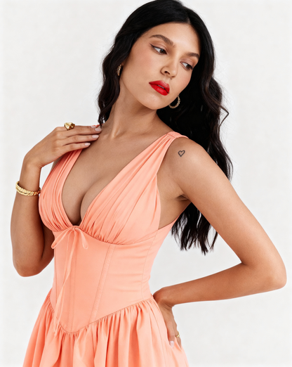 The Juliette Ruched V-Neck Corset Midi Dress | Sleeveless Cotton Poplin A-Line Gown