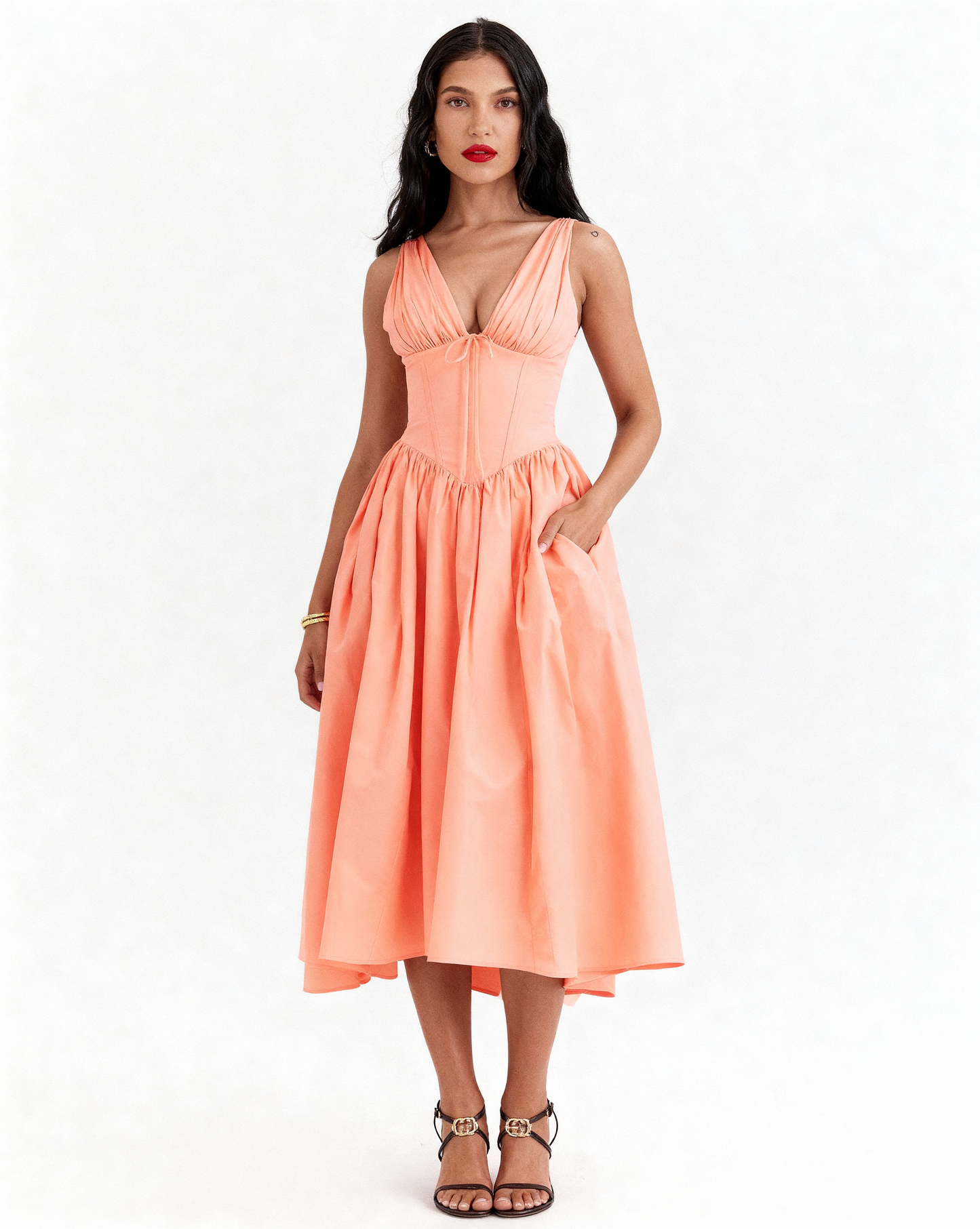 The Juliette Ruched V-Neck Corset Midi Dress | Sleeveless Cotton Poplin A-Line Gown