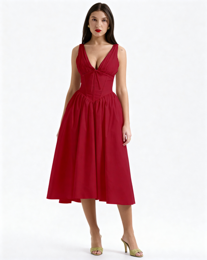 The Juliette Ruched V-Neck Corset Midi Dress | Sleeveless Cotton Poplin A-Line Gown