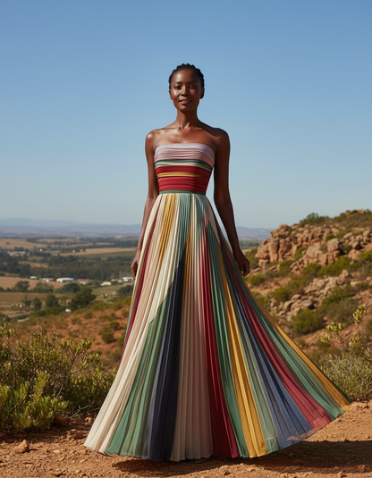 Boho Maxi Dress Colorful Pleated Strapless Formal Gown – Rainbow Summer Wedding Guest Flowy Evening Dress